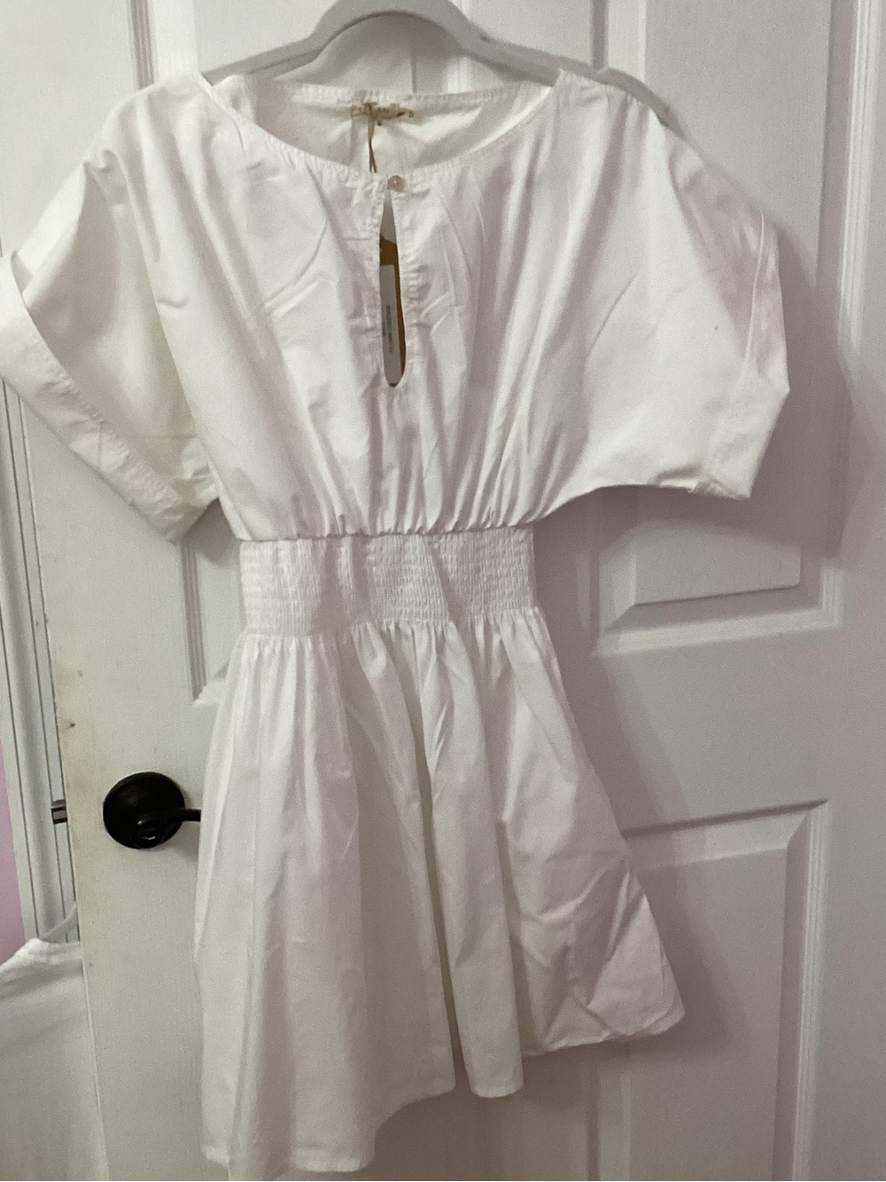 White Smocked-Waist Short Sleeve Dress